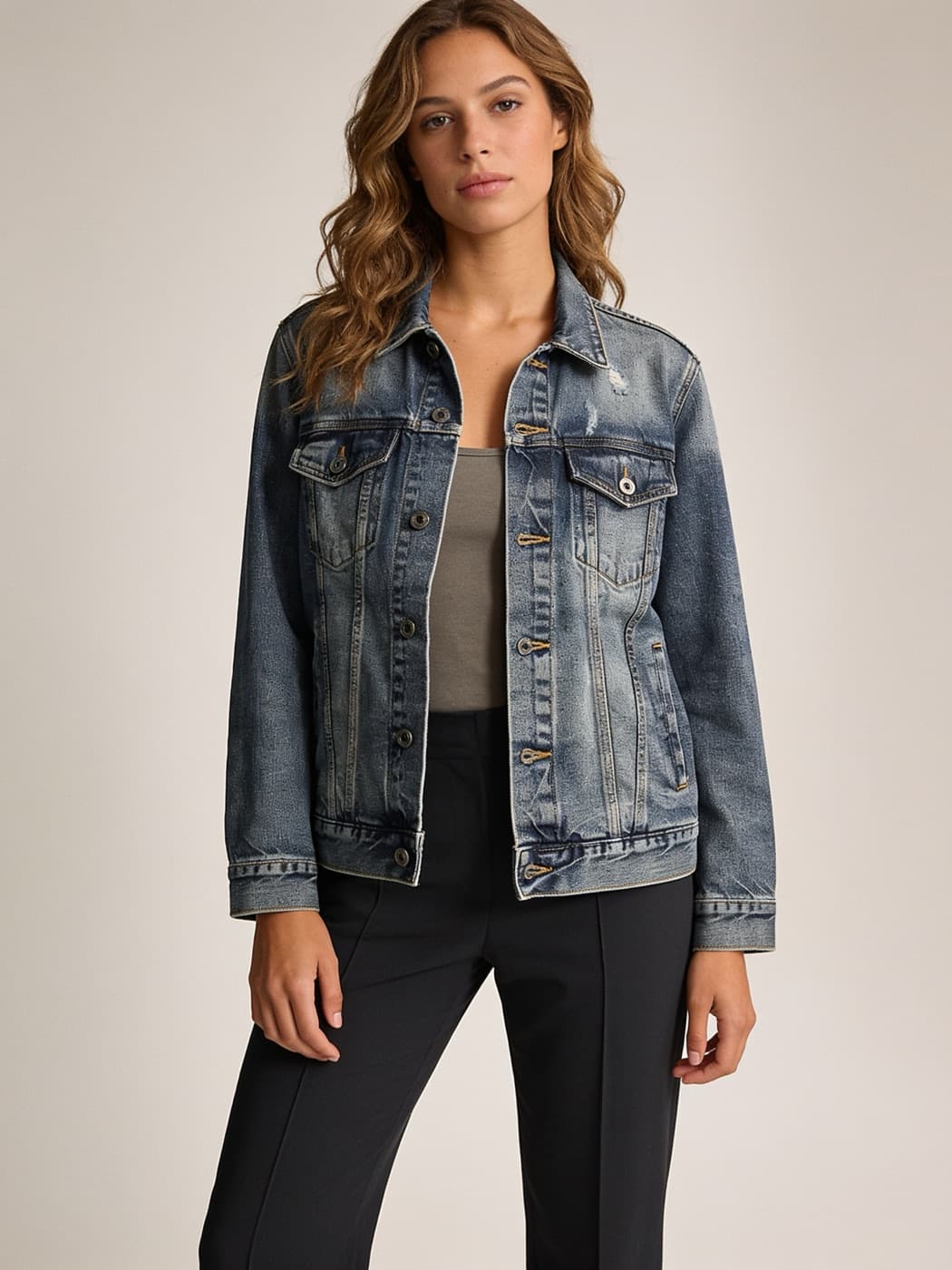 A denim jacket generated from a flat-lay photo, studio scene