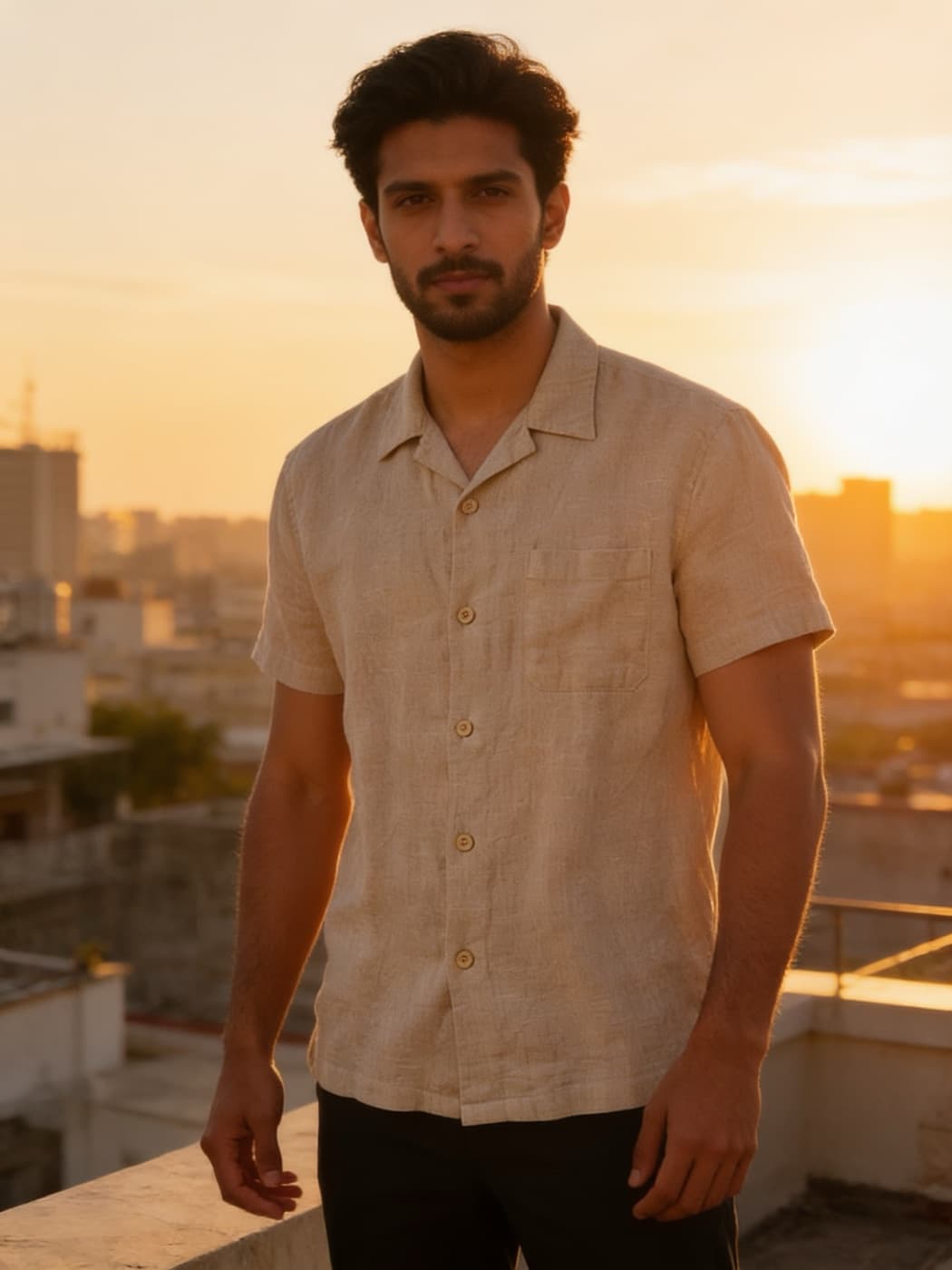 A linen camp shirt generated from a flat-lay photo, golden hour scene