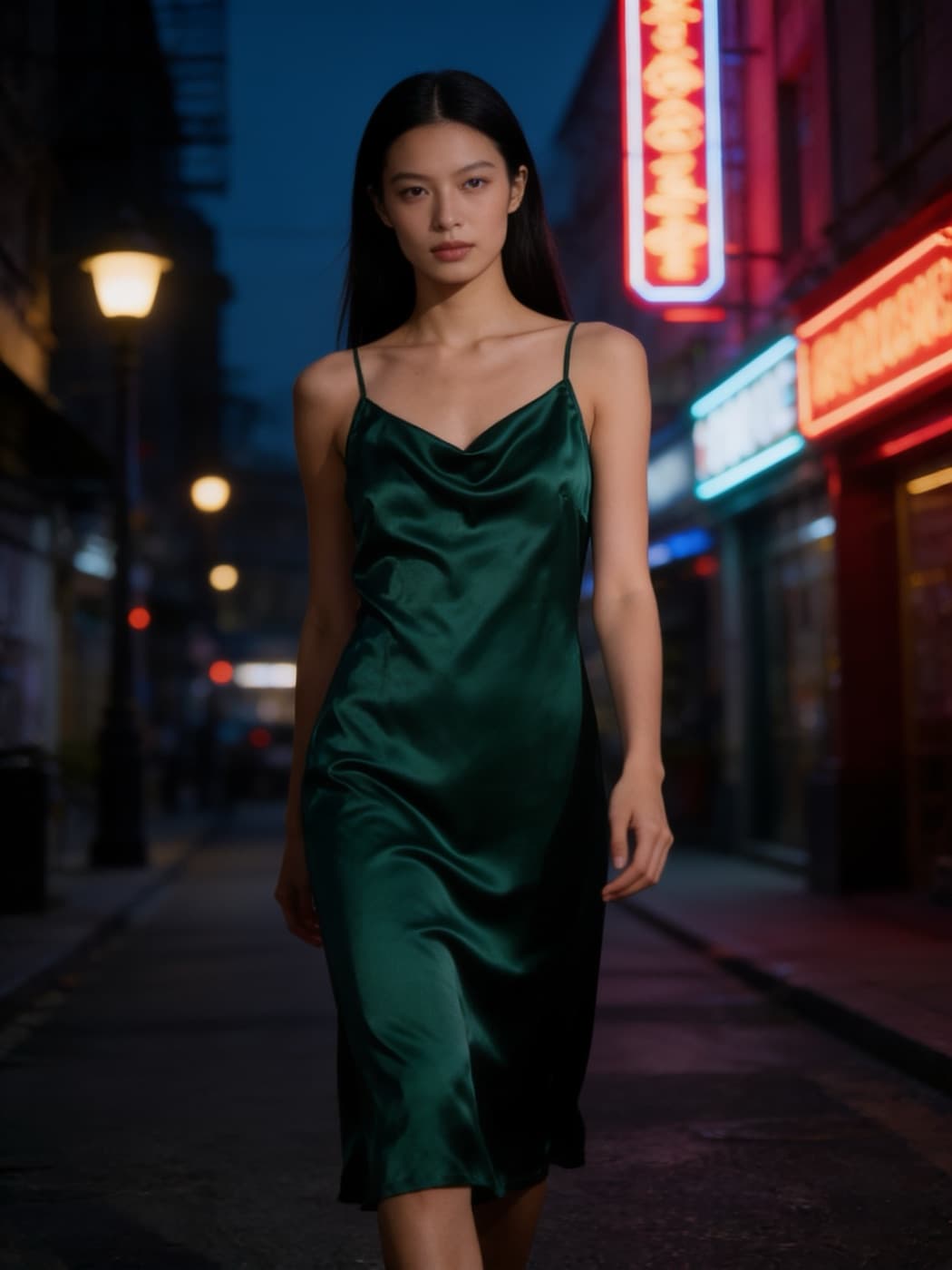 A satin slip dress generated from a flat-lay photo, night street scene