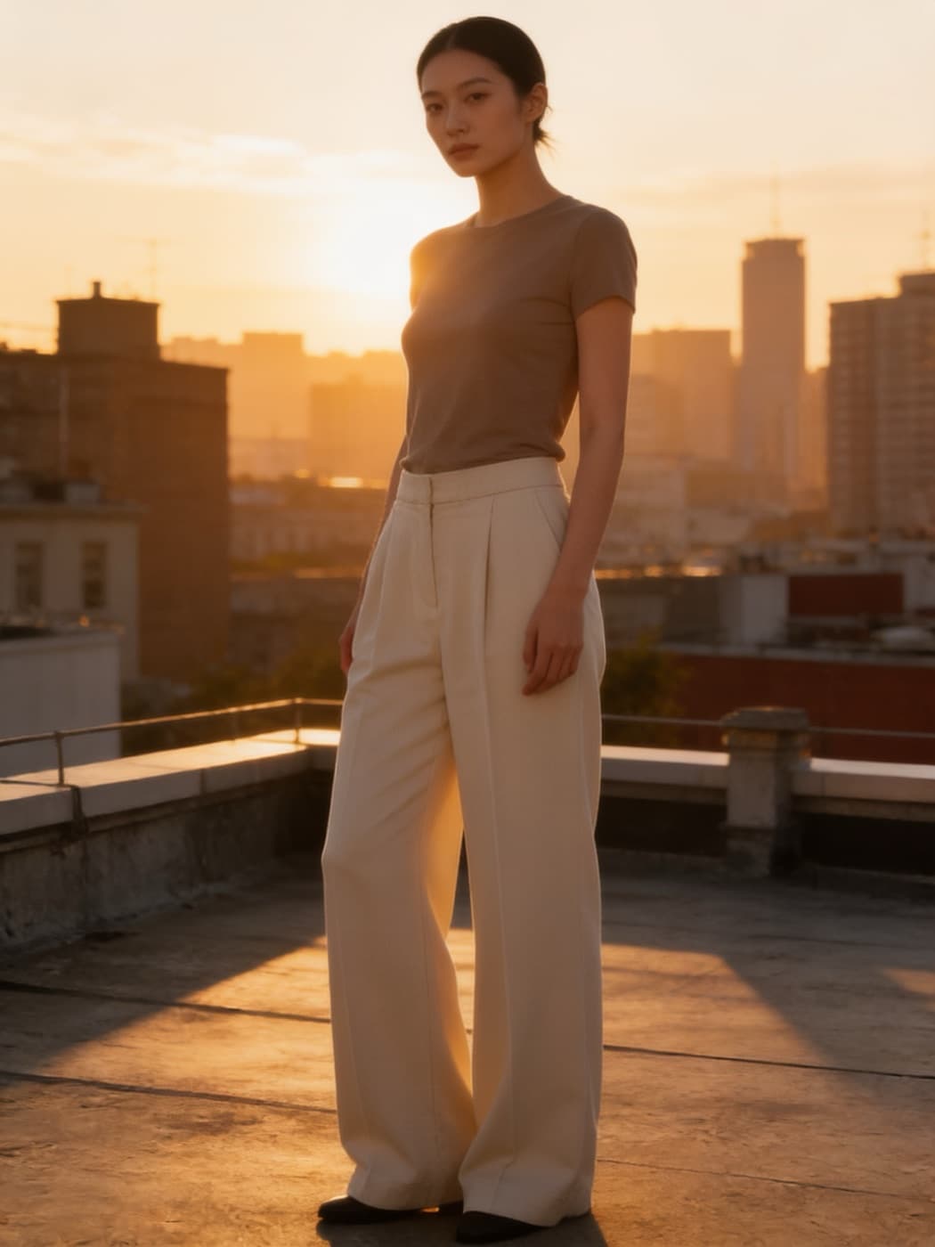 A wide-leg trousers generated from a flat-lay photo, golden hour scene