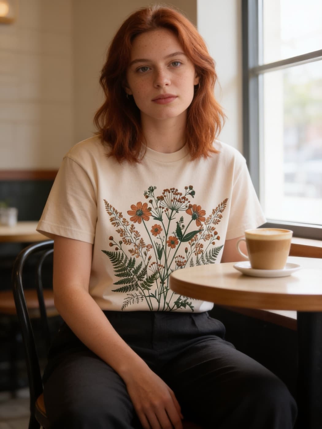 The same printed tee rendered in a cafe scene