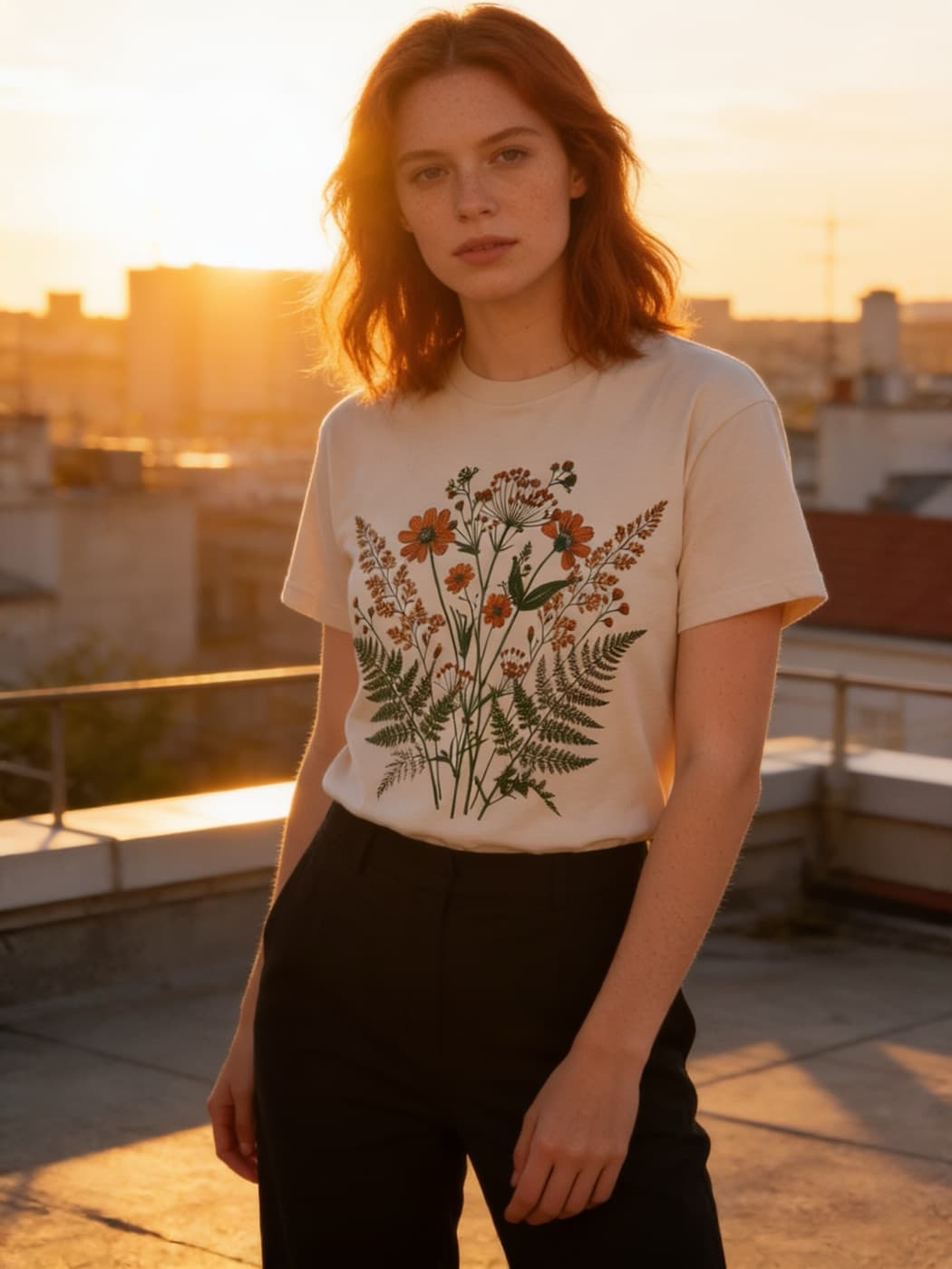 The same printed tee rendered in a golden hour scene