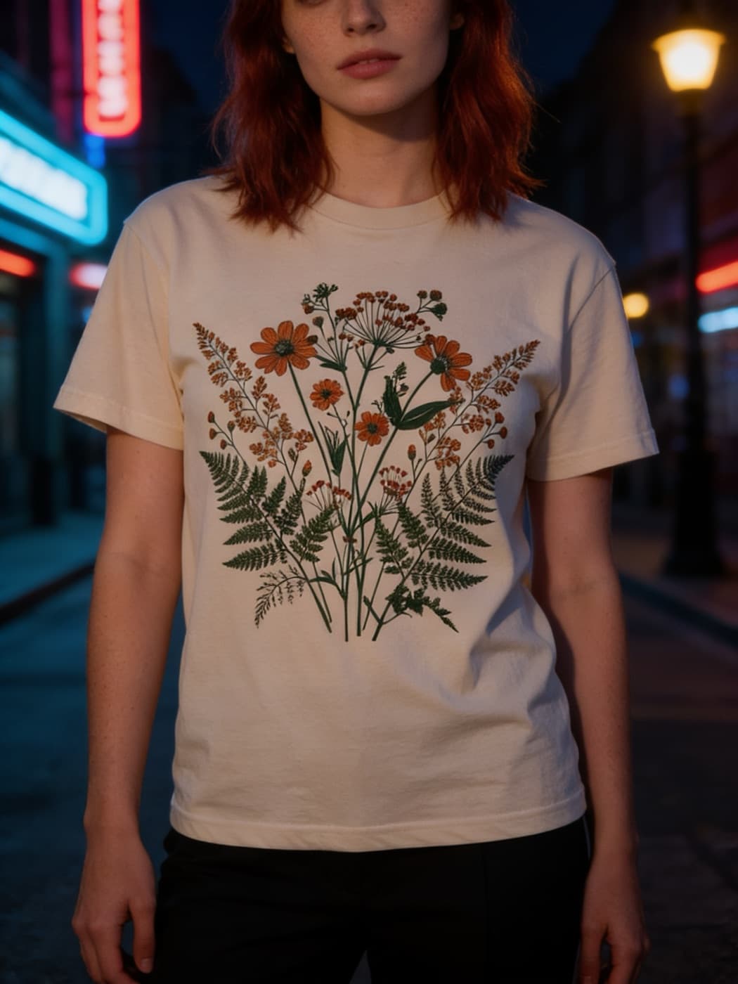 The same printed tee rendered in a night street scene