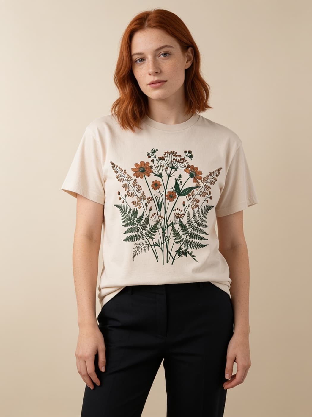 The same printed tee rendered in a studio scene